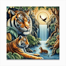 Geometric Art Tigers at the waterfall Canvas Print