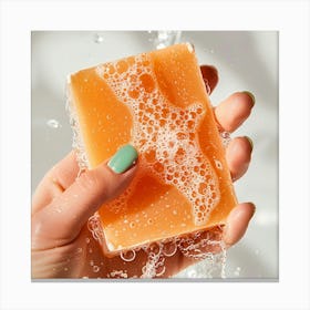 A Close Up Of Woman Holding An Orange Soap Canvas Print