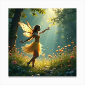 A Graceful Fairy Dancing In A Meadow Filled With Luminous Flowers 1 Canvas Print