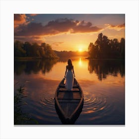 Woman In A Boat At Sunset Canvas Print