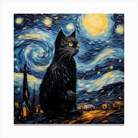Black Cat Under The Stars, Vincent Van Gogh Inspired Canvas Print