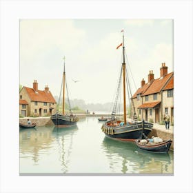 Watercolor Portrayal Of An English Fishing Village With Boats And Fishermen 1 Canvas Print