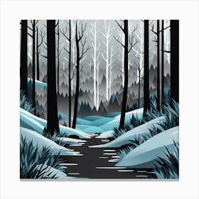 Winter Forest, Forest, forest  illustration, forest in winter, forest vector art, forest painting, dark forest, landscape painting, nature vector art, Forest Sunset art, trees, pines, spruces, and firs, black, blue and white Canvas Print