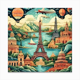 Paris Cityscape, Featuring Pastel Landmarks, Travel Posters A Retro-Inspired Travel Posters Showcasing Iconic Destination Canvas Print