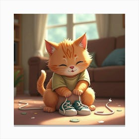 A Cheerful Kitten Batting At A Child’S Shoelaces In A Cozy Living Room 1 Canvas Print