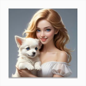 Cute Girl With Dog Canvas Print