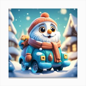 Snowman In A Toy Car - Winter Canvas Print