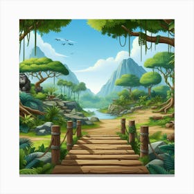 Jungle Scene With Wooden Bridge Canvas Print