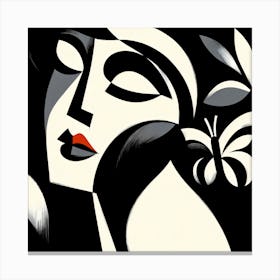 Elegant Abstract Portrait with Red Lips and Butterfly Canvas Print