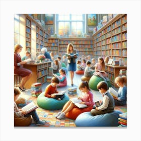 Library Adventures Wall Print Art A Lively Depiction Of Children Exploring Books In A Library, Perfect For Encouraging A Love Of Reading In Any School Environment Canvas Print