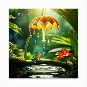 Magnified Single Drop Of Water Cradling A Miniature Ecosystem Tropical Forest With A Green Frog Per (1) Canvas Print