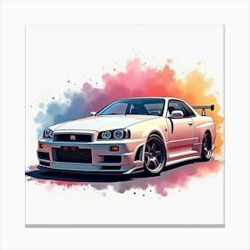 Nissan Gt R R34 In A Colorful Watercolor Background, No Signature Or Logo 1 Canvas Print