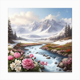 Photorealistic Winter Mountain Landscape With River And Flowers Canvas Print