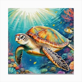 Watercolor Turtle Under The Sea Canvas Print