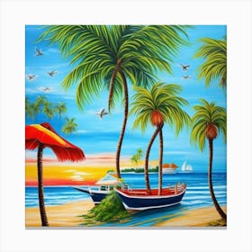 Beach Scene With Palm Trees 4 Canvas Print