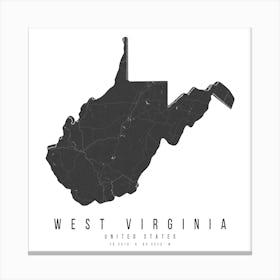 West Virginia Mono Black And White Modern Minimal Street Map Square Canvas Print