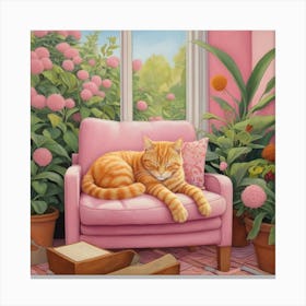 Default Napping Ginger Cat In Pink Garden Room Art 2 Canvas Print