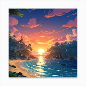 Serene Sunset Over A Secluded Beach With Lush Forest and Radiant Sky Canvas Print