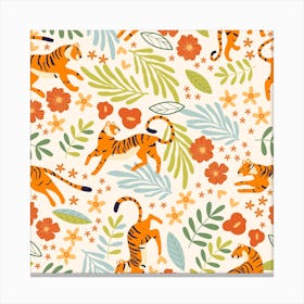 Floral Tiger Pattern With Colorful Decoration Square Canvas Print