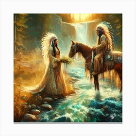 Oil Texture Native American Couple By Stream 8 Copy Canvas Print