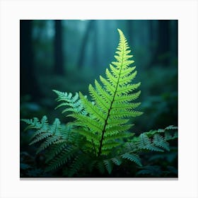 A Radiant Fern With Fronds Of Shimmering, Neon Light In A Fantastical Woodland Canvas Print