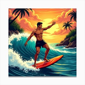 Surfer Man On Surfboard At Sunset Canvas Print