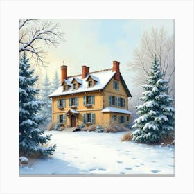 Historic Manor With Winter Snow, Watercolor With Serene And Picturesque Scene 1 Canvas Print