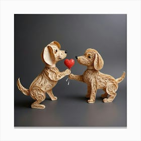 Two Dogs Holding A Heart Canvas Print