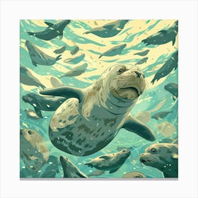 A Lot Of Elephant Seals Are Swimming In The Ocean Canvas Print