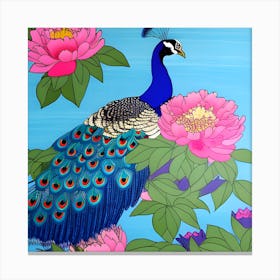 Peacock And Peonies, Japanese Art 3 Canvas Print