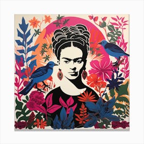 Frida Kahlo and Birds Lino Print Canvas Print