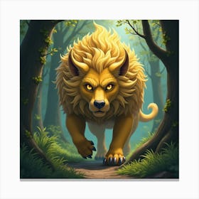 A Legendary Beast With Golden Fur And Piercing Eyes Prowling Through A Dense Forest Canvas Print