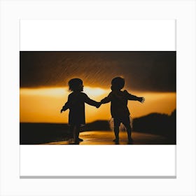 Two Children Holding Hands At Sunset Canvas Print