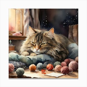 A cat taking a nap in the evening with wool balls scattered around and a warm winter atmosphere Canvas Print