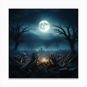 Gothic Style Illustration Skeletal Hands Breaking Through The Soil Full Moon Casting An Eerie Glow (4) Canvas Print