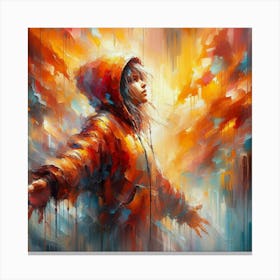 Abstract Painting A stunning expressionist painting with a vibrant color palette dominated by orange, reds, and yellows. The thick, loose brushstrokes create a sense of movement and energy, with visible paint drips and spatters adding to the overall texture. The focal point is a young girl wearing a hoodie, her arms outstretched as if embracing the world. The background is a dreamlike, impressionistic landscape with distorted perspectives, showcasing a dynamic interplay of colors and shapes. The overall atmosphere is vivid, dynamic, and full of life.... 1 Canvas Print