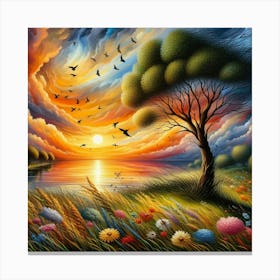 Sunset With Birds Canvas Print