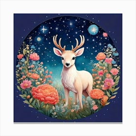 Firefly Charming, Cute, Reindeer, Baby, Winter, Meadow, Starry, Night, Round, Background, Peonies, S (2) Canvas Print