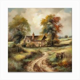 The old British countryside, a work of wall art dating back to 1960, with all its details and colours. The farm is an old oil painting in faded oil colours.2 1 Canvas Print