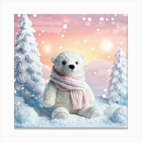 Polar Bear Cub Bundled Up In A Knitted Oversized Scarf And A Fluffy Snow White Bobble Hat Soft In Canvas Print