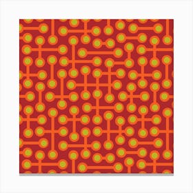 CIRCUITS Retro 1970s Mid Century Abstract Geometric Groovy Polka Dot in Vintage Orange and Citron Green on Burgundy Red Canvas Print