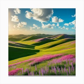 Pink Flowers In A Field Canvas Print