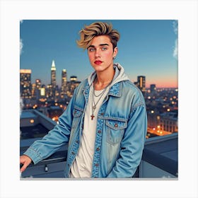 Justin Bieber In A Casual Pose, Watercolor, On A Rooftop With City Lights Canvas Print