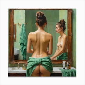Woman In A Green Towel In Bathroom Canvas Print