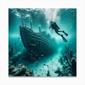 Into The Water Snorkeling In Amsterdam S Crystal Clear Lake, Unveiling A Sunken Shipwreck Style Hyperrealistic Underwater Art (1) Canvas Print