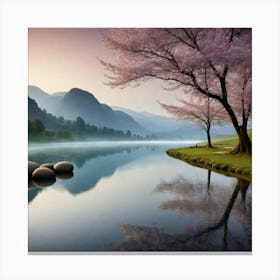 Cherry Blossoms By The Lake Canvas Print