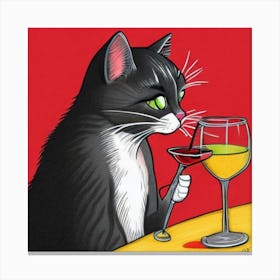 Wine For One Cat Drinking Wine Art Print Canvas Print