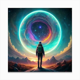 Man With Backpack Standing Before Cosmic Ring Canvas Print