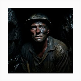 Coal Miner With Soot Covered Face At The Mouth Of A Coal Shaft Night Engulfing The Working Class Co Canvas Print