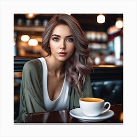 Beautiful Young Woman In Cafe Canvas Print